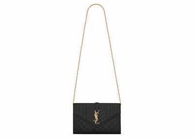 Pre-owned Saint Laurent Women's  Monogram Chain Wallet Grain De Poudre In Black