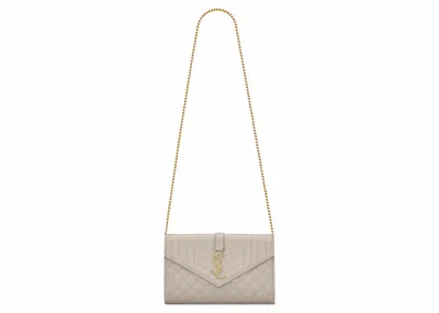 Pre-owned Saint Laurent Women's  Monogram Chain Wallet Grain De Poudre In Blanc Vintage