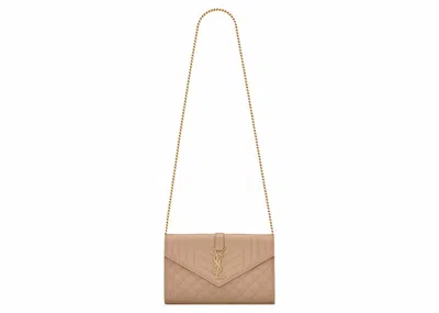 Pre-owned Saint Laurent Women's  Monogram Chain Wallet Grain De Poudre In Dark Beige