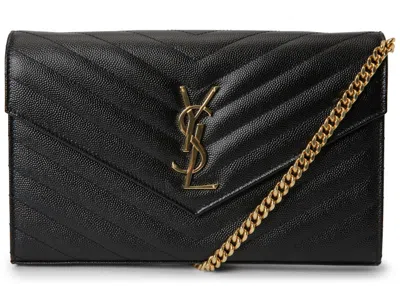 Pre-owned Saint Laurent Women's  Monogram Chain Wallet Matelasse Grain De Poudre Goldtone In Black