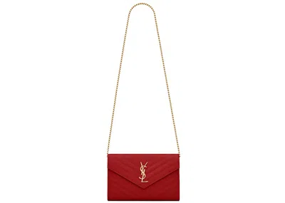 Pre-owned Saint Laurent Women's  Monogram Chain Wallet Matelasse Grain De Poudre Goldtone In Eros Red