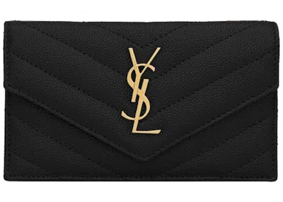 Pre-owned Saint Laurent Women's  Monogram Flap Card Case Grain De Poudre In Black