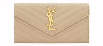 Pre-owned Saint Laurent Women's  Monogram Flap Wallet Matelasse Grain De Poudre Large In Powder