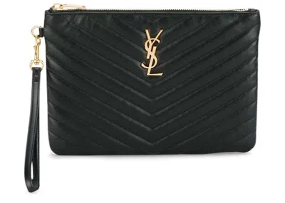 Pre-owned Saint Laurent Women's  Monogram Pouch Clutch Matelasse In Black