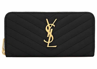Pre-owned Saint Laurent Women's  Monogram Zip Around Wallet Grain De Poudre In Black