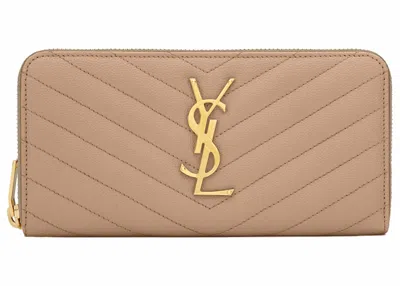 Pre-owned Saint Laurent Women's  Monogram Zip Around Wallet Grain De Poudre In Dark Beige