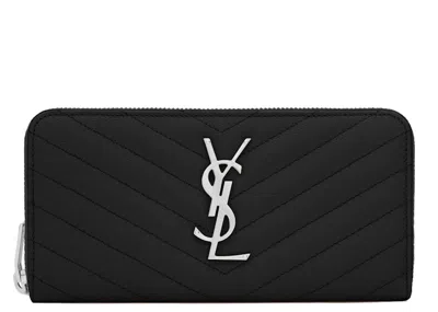 Pre-owned Saint Laurent Women's  Monogram Zip Around Wallet Matelasse Grain De Poudre In Black