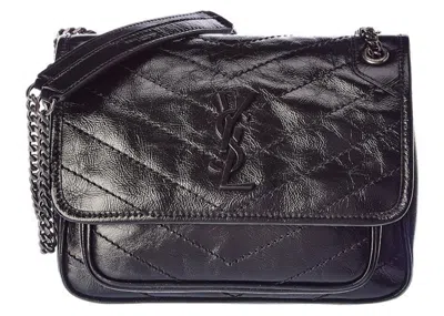Pre-owned Saint Laurent Women's  Niki Baby Crinkled Leather Shoulder Bag In Black