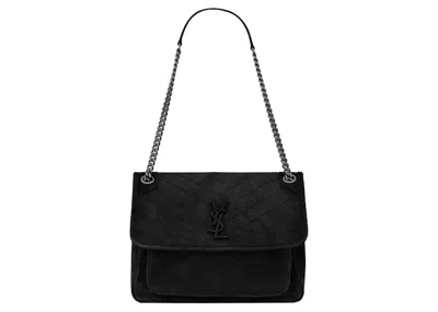 Pre-owned Saint Laurent Women's  Niki Medium Soft Crocodile Embossed Leather In Black