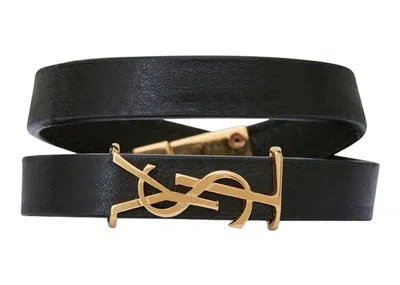 Pre-owned Saint Laurent Women's  Opyum Double Wrap Bracelet In Leather And Metal In Black/gold/tone