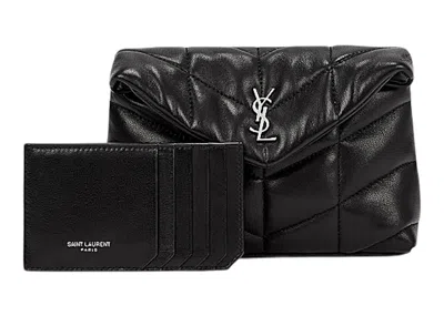 Pre-owned Saint Laurent Women's  Puffer In Quilted Lambskin Pouch In Black/silver/tone