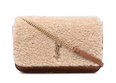 Pre-owned Saint Laurent Women's  Shearling Monogram Phone Holder Bag In Tan/beige