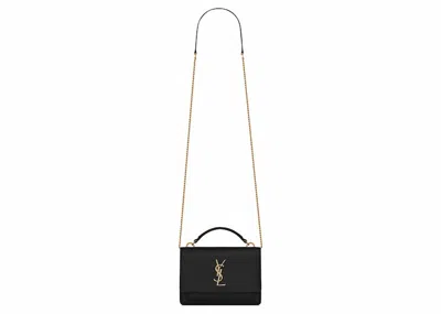 Pre-owned Saint Laurent Women's  Sunset Chain Wallet In Smooth Leather In Noir