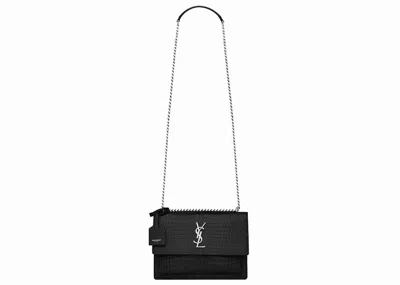 Pre-owned Saint Laurent Women's  Sunset Crocodile Embossed Shiny Leather Medium In Black