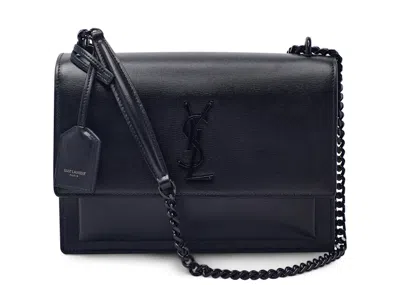 Pre-owned Saint Laurent Women's  Sunset Shoulder Bag Calfskin Tone Medium In Black
