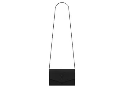 Pre-owned Saint Laurent Women's  Uptown Chain Wallet Grain De Poudre Embossed Leather In Black