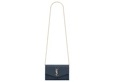 Pre-owned Saint Laurent Women's  Uptown Chain Wallet Grain De Poudre In Charron Blue