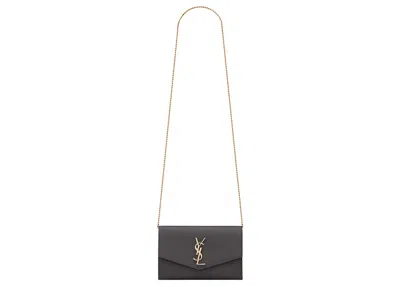 Pre-owned Saint Laurent Women's  Uptown Chain Wallet Grain De Poudre In Storm