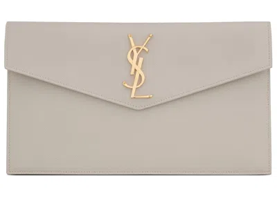 Pre-owned Saint Laurent Women's  Uptown Pouch Grain De Poudre Embossed In Blanc Vintage