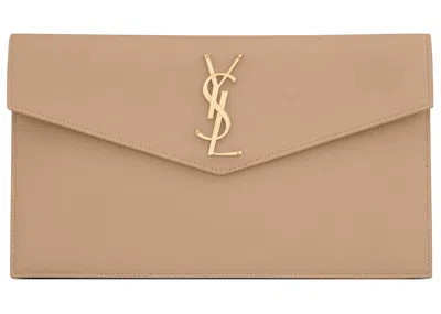 Pre-owned Saint Laurent Women's  Uptown Pouch Grain De Poudre Embossed In Dark Beige