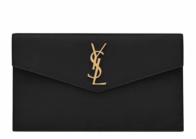Pre-owned Saint Laurent Women's  Uptown Pouch Grain De Poudre In Black