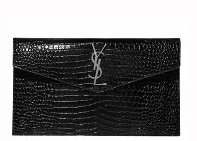 Pre-owned Saint Laurent Women's  Uptown Pouch Shiny Crocodilelook Leather In Black