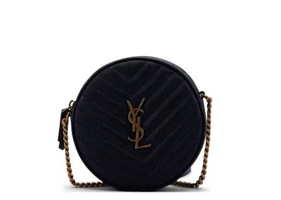 Pre-owned Saint Laurent Women's  Vinyle Round Camera Bag Chevron Quilted Grain De Poudre In Black