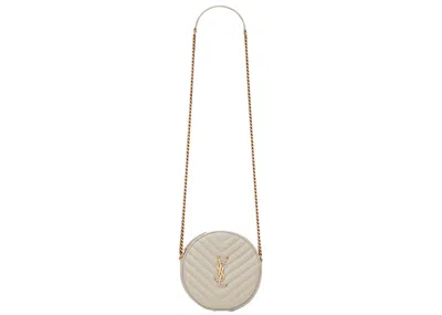 Pre-owned Saint Laurent Women's  Vinyle Round Camera Bag Chevron Quilted Grain De Poudre In Blanc Vintage In White