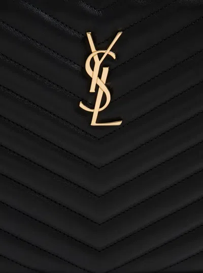 Saint Laurent Women  Woman's Black Chevron Leather Monogram Handbag With Logo