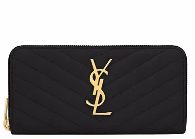 Pre-owned Saint Laurent Women's  Zip Around Wallet Large Monogram Grain De Poudre In Black