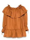 Saint Laurent Brown Ruffle Dress With Bare Shoulders In Cotton Twill Woman In Caramel