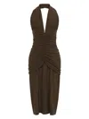 Saint Laurent Halterneck Silk Ruched Midi Dress In Green