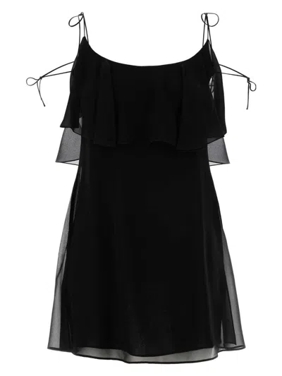 Saint Laurent Mini Dress Silk Spaghetti Straps Ruffle In Black