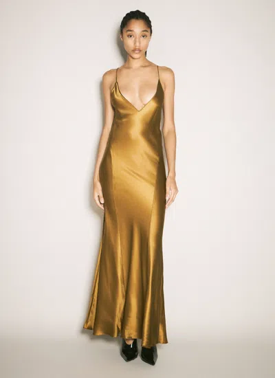 Saint Laurent V-neck Dress In Silk Satin In Yellow