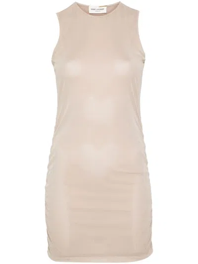 Saint Laurent Stretch Tulle Short Dress In Beige