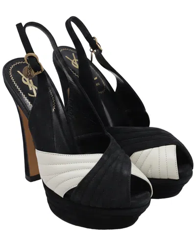 Pre-owned Saint Laurent Women's Suede Cross Strap Peep-toe Platform Pump (authentic Pre-loved)