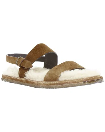 Saint Laurent Women's Suede Joan Noe Tan Leather Cream Shearling Lined Sandal  (authentic Pre-loved) In Brown