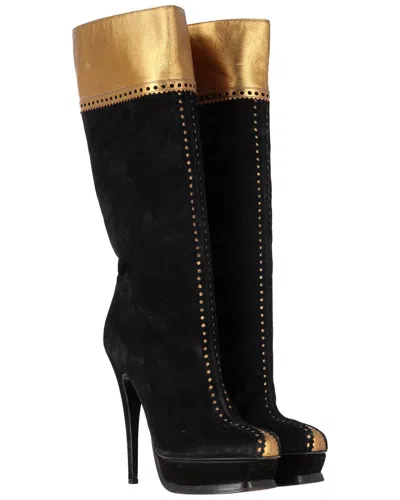 SAINT LAURENT SAINT LAURENT WOMEN'S SUEDE LASER CUT DETAIL KNEE-HIGH PLATFORM BOOT  (AUTHENTIC PRE-LOVED)