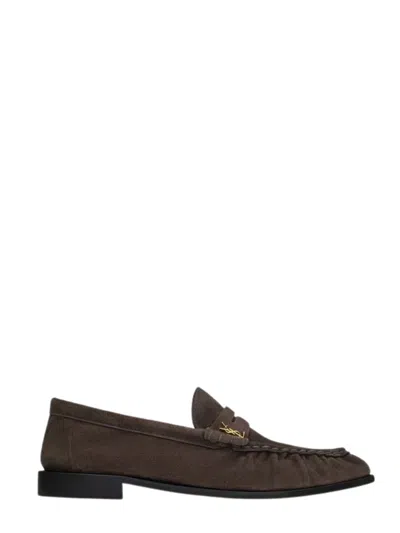 Saint Laurent Women's Suede Loafers With Hand-stitched Toe And Cassandre Plaque In Brown