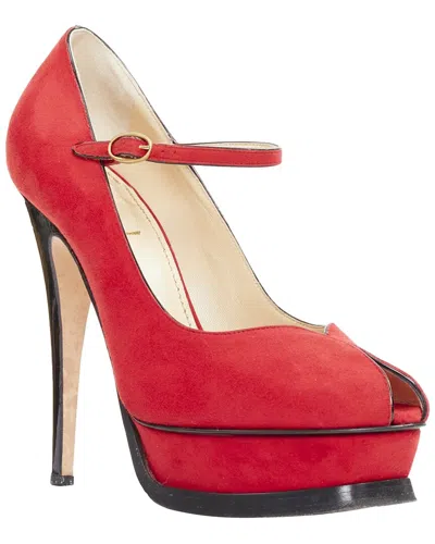 Saint Laurent Women's Suede Rive Gauche Tribute Maryjane Tulip Peep Platform  (authentic Pre-loved) In Red