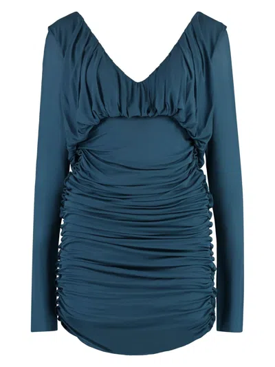 SAINT LAURENT WOMEN'S TEAL JERSEY MINI DRESS