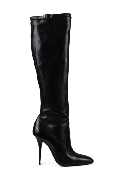 Saint Laurent Buckle Pointed Boots In Black