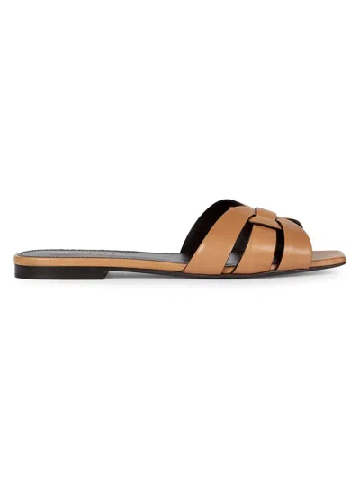 Saint Laurent Women's Tribute Mules In Smooth Leather In Brown