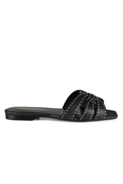 Saint Laurent Tribute Studded Flat Leather Sandals In Black