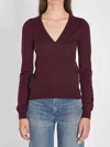 Saint Laurent Ribbed V-neck Knit Sweater With Long Sleeves In Animal Print