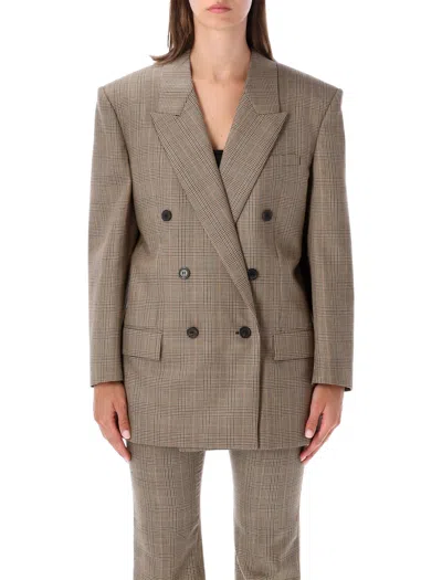 Saint Laurent Women's Virgin Wool Double-breasted Blazer With Silk Lining, Peak Lapel, Size 36 In Beige
