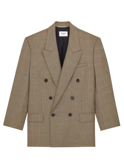 Saint Laurent Women's Virgin Wool Double-breasted Blazer With Silk Lining, Peak Lapel, Size 36 In Beige