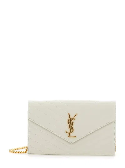 Saint Laurent Women White Clutch With Cassandre Detail In Chevron Leather Woman