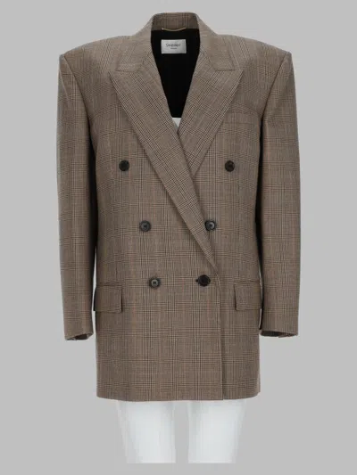 Saint Laurent Wool Pied De Poule Check Blazer Jacket In Brown
