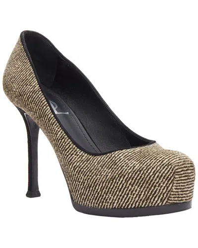 Pre-owned Saint Laurent Women's Wool/hair Tribtoo Wool Tweed Platform Heel Pump  (authentic Pre-loved)